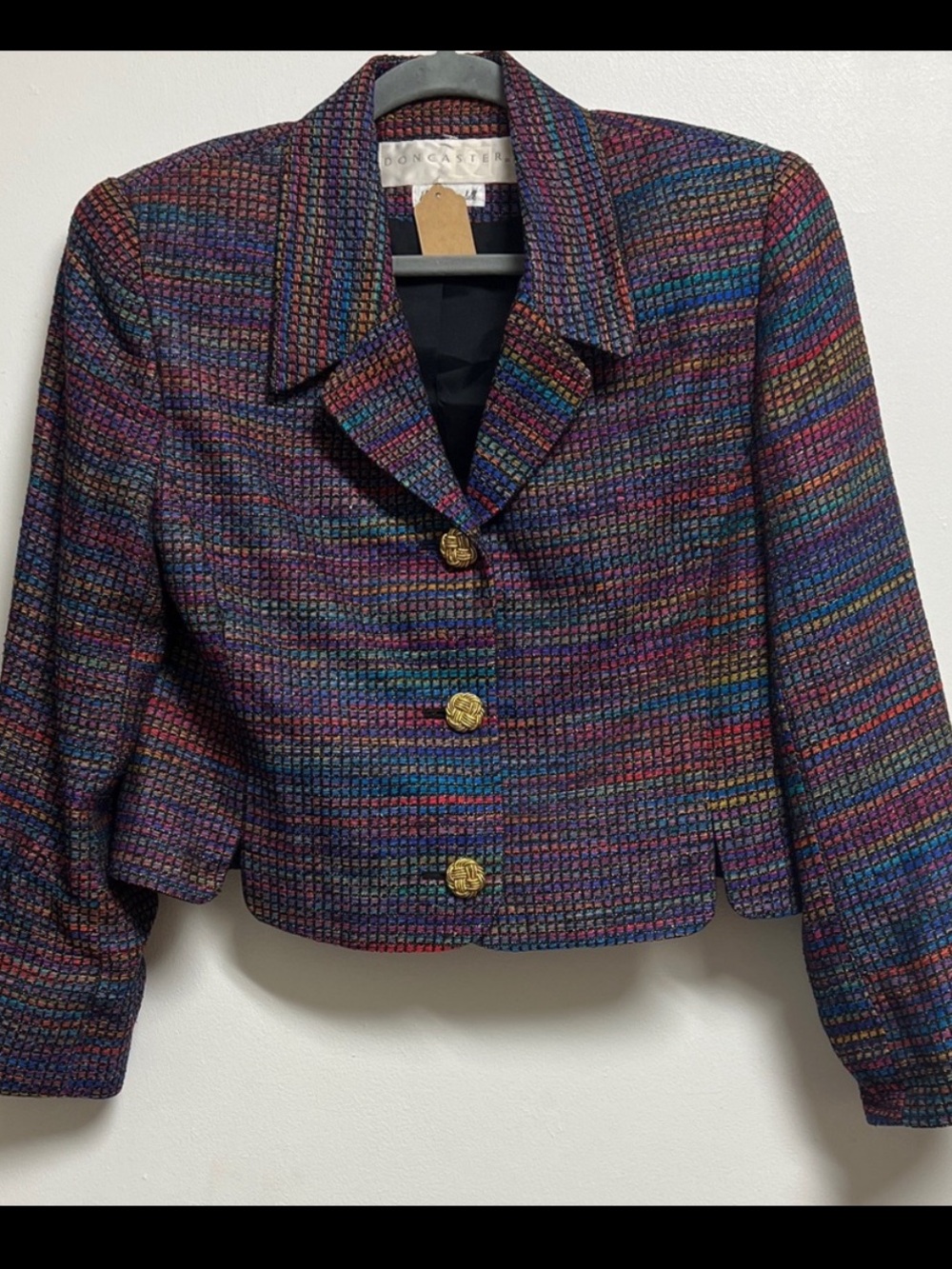 Vintage Don Caster Colorful Woven Silk Tweed Blazer Gold Buttons Cropped Medium